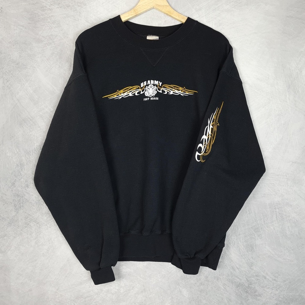 Vntg US Army Sweatshirt Mens Large Black Fort Bragg Tribal Pinstripe Sleeve Hit